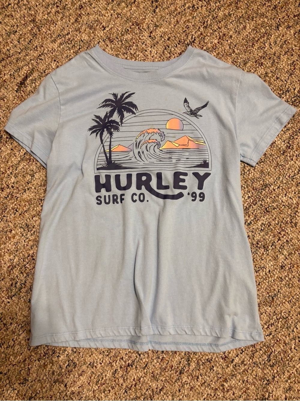 Women’s Small Hurley Pale Blue Palm & Wave Graphic Tee